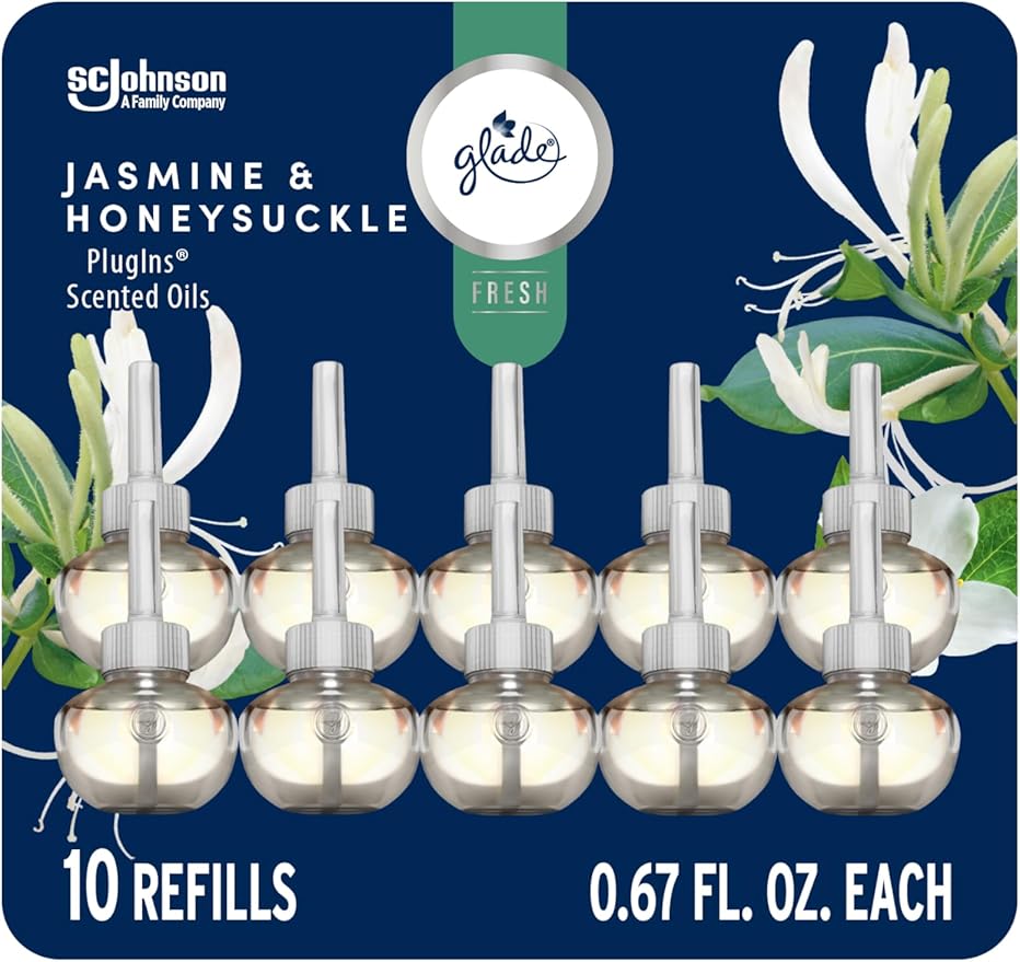 Glade PlugIns Refills Air Freshener, Jasmine & Honeysuckle, Scented and Essential Oils for Home and Bathroom, 0.67 Fl Oz, 10 Count