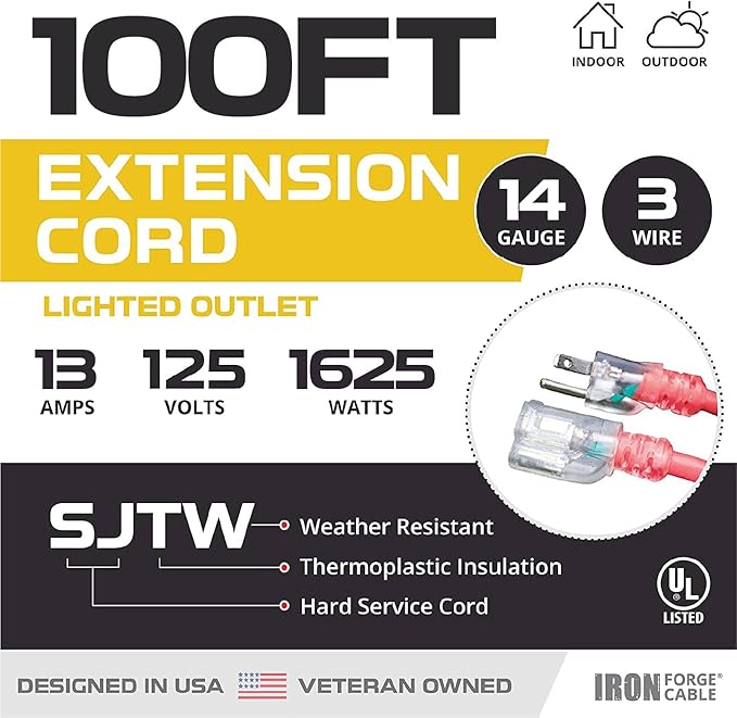 Iron Forge Cable Lighted Outdoor Extension Cord 100 ft - 14 Gauge 13 Amp Heavy Duty Power Extension Cords - SJTW - Great for Major Appliances, Power Tools, Garden Supplies - Red