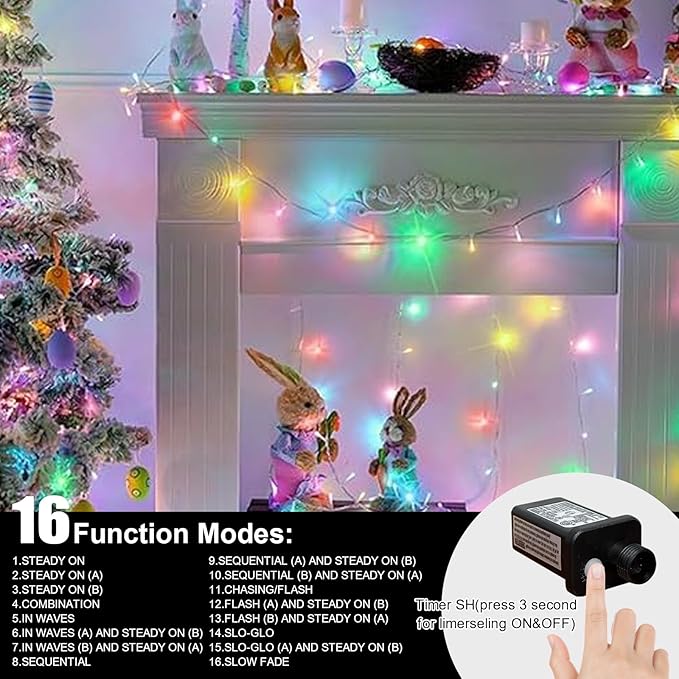 LAMPHOME Pastel Easter String Lights, 66ft 200 LED Waterproof Easter Lights, 16 Modes Colorful Christmas String Lights Plug infor Outdoor & Indoor,Wedding Party Bedroom Wall Decoration