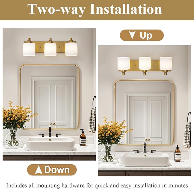 Stainless Steel Milk Glass Vanity Lights for Bathroom, 3 Light Gold Bathroom Light Fixtures Over Mirror, Ceramic E26 Sockets Wall Mounted