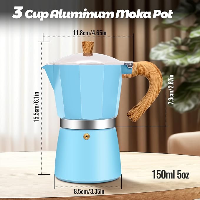 3 Cup Aluminum Moka Pot Classic Stovetop Espresso Coffee Maker 150ml 5oz Coffeemaker Percolator Mocha Pot Greca Coffee Maker Cafe Makers for Italian and Cuban Café Brewing Blue