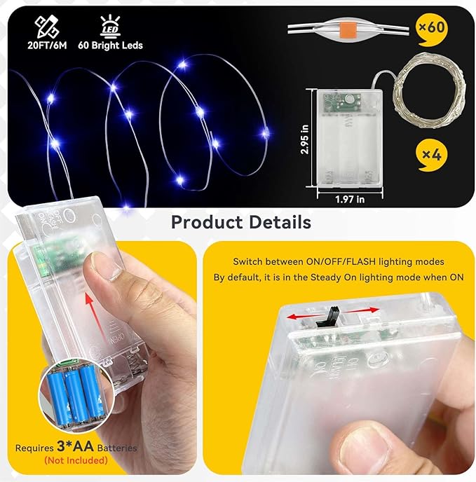 4 Pack 240LED Christmas Fairy Lights Battery Operated - 20FT Twinkle Lights with 2 Lighting Modes Indoor Outdoor, Waterproof Led Fairy String Lights for 4th of July, Bedroom, Dorm, DIY Decor, Blue