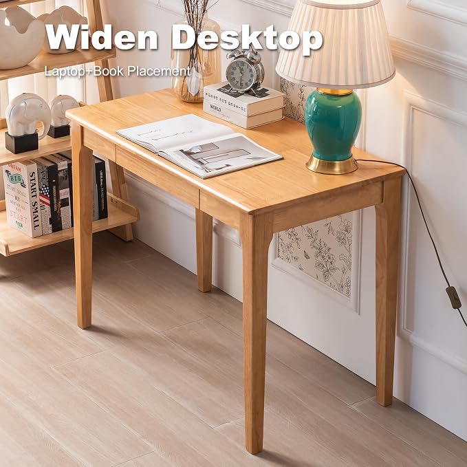Solid Wood Desk with Drawer, Small Computer Desk for Small Spaces, Gaming Study Home Office Desks for Work, Student PC Desk for Bedroom, Escritorios para Cuartos (Wood Color, 39.4 inch)