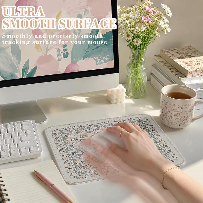 iCasso Aesthetic Small Mouse Pad, 9.5x7.9in,Home Office,Gray Floral | Mini Portable Travel Mousepad, Anti-Slip and Comfortable Cloth Mouse Mat with Stitched Edges for Computer, Home