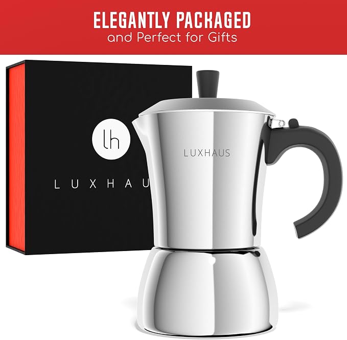 LuxHaus 3 Cup Moka Pot (2oz each cup - 6oz total) Stovetop Espresso Maker - Stainless Steel Italian and Cuban Mocha Coffee Maker