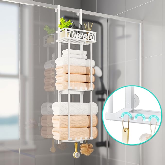 HapiRm Towel Rack Bathroom Storage - 3 Tier Over The Door & Wall Mounted Rolled Towel Racks Holder Organizer with Metal Shelf and 6 Hooks for Small Bathroom, Camper, Rv - White