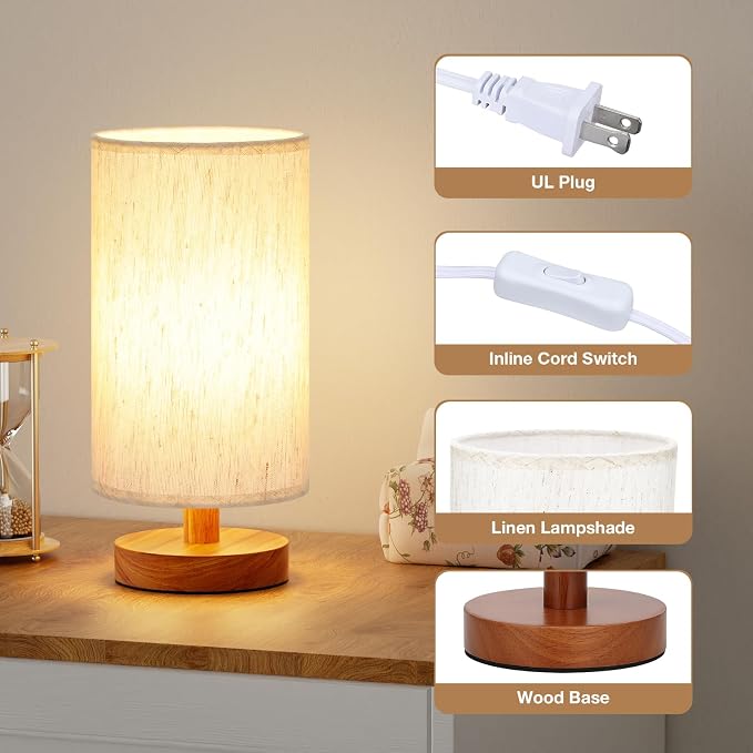 Desk Small Lamps Set of 2 (Cream Shade - Walnut Base, 9" Inline Control) | Two 3000K LED Blubs Included | 680 Lumens | Easy Assembly | Minimalist Design | E26 | for Kitchen | for Kids Room