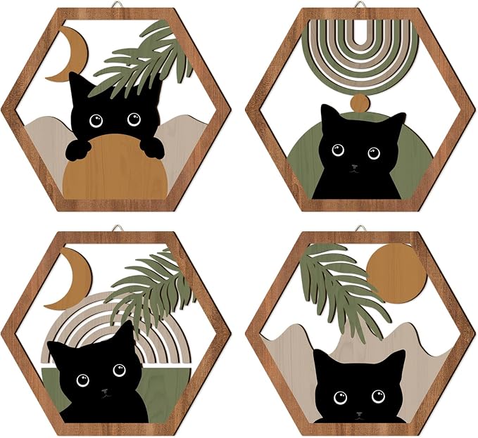 HPNIUB Boho Black Cat Wall Decor, Farmhouse Geometric Hanging Wooden Wall Art, 4 Pieces 11''x9.8'' Mid Century Bohemian Abstract Moon and Sun Wood Sign for Nursery Bedroom Decoration, Lovely Cat Gifts