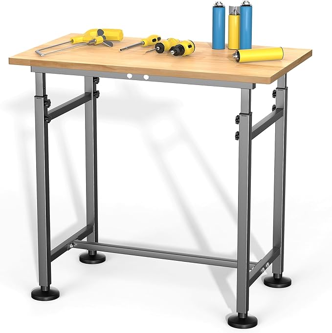 Ultrawall Workbench for Garage, 32"x18" Adjustable Height Work Table, Heavy Duty Rubber Wood Workstation for Workshop, Office, Home