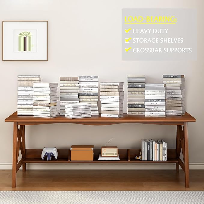 NELYE Extra Long Writing Desk with Bookshelf, 71" Wx20 Dx30 H, Walnut | Wooden Home Office Work Study Table, Computer Gaming Workstation with Storage Shelf, Sturdy MDF Resists Wobble