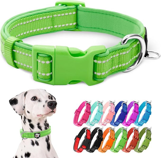 azuza Reflective Dog Collar, Soft Neoprene Padded Pet Collar with ID Tag Ring, Adjustable for Large Dogs,Green,L