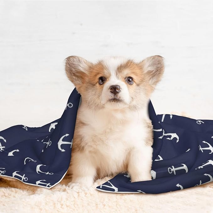 Double Sided Plush Pet Blanket with Cozy Dot Texture and Smooth Reverse, Nautical Anchor Navy, Reversible Throw for Dogs Cats on Couches Beds Crates