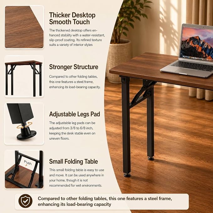 Folding Table Computer Desk - 35.8" No Assembly Folding Desk Design and Foldable Office Desk, Small Desk for Bedroom, Compact Storage Portable Use for Dorm and RV Small Space, Dark Walnut