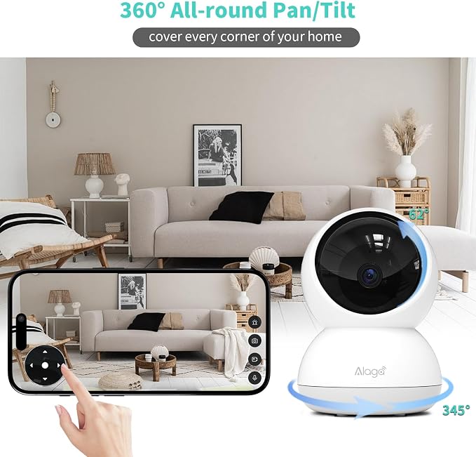 Alaga Indoor Security Camera,3K 5G and 2.4G WiFi, 360�� Pan/Tilt, Human/Pet/Motion AI, Night Vision, Speaker, Indoor Camera with Phone App, Compatible with Alexa & Google Assistant���2-Pack White