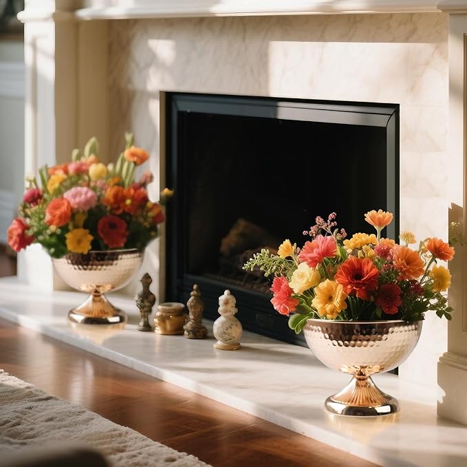 Metal Urn Vases for Centerpieces - 6.3" Tall Flower Pot Planters, Wedding Table Decor, Party Reception, Home Floral Arrangement (2, Gold)