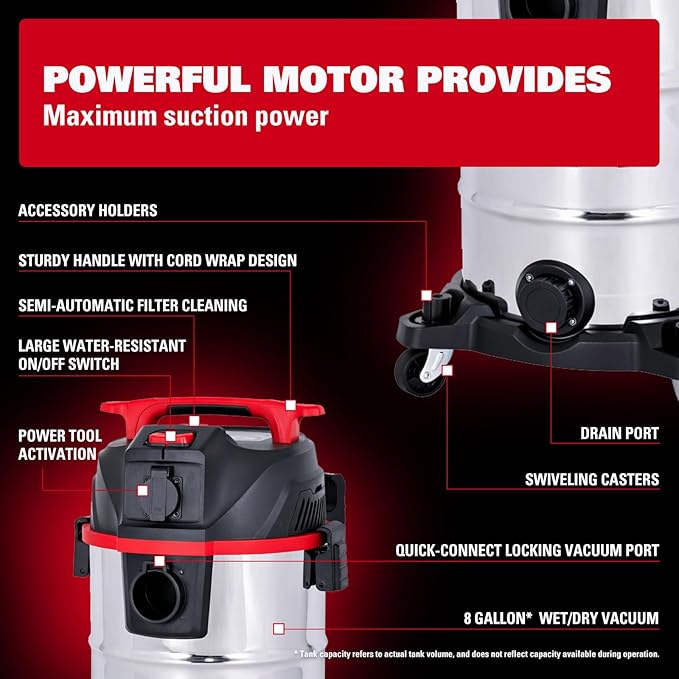 ECOMAX Dust Extractor, Shop Vac, Semi-auto Filter Clean, HEPA Filter, 8 Gallon Stainless Steel Tank 6.5 HP Wet Dry Vacuum, Anti-Static Hose, Dust-Full Indicator, for Woodworking