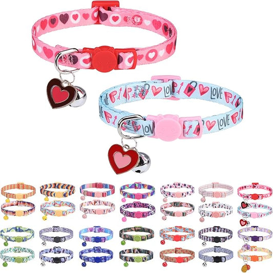 Breakaway Cat Collars for Girl Boy Cats, Fall Winter All Weather Cat Collar Personalized Pattern 2 Pack,Cute Classic Safety Buckles and Bells,Adjustable Printed Nylon Colorful Kitten Collar