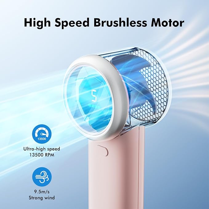 WHATOOK Portable Handheld Turbo Fan, 5 Speeds Mini Personal Fan with 4000mAh Rechargeable Battery, Small Pocket Fan for Travel Essentials, Beach, Office, Gifts for Women Men - Light pink