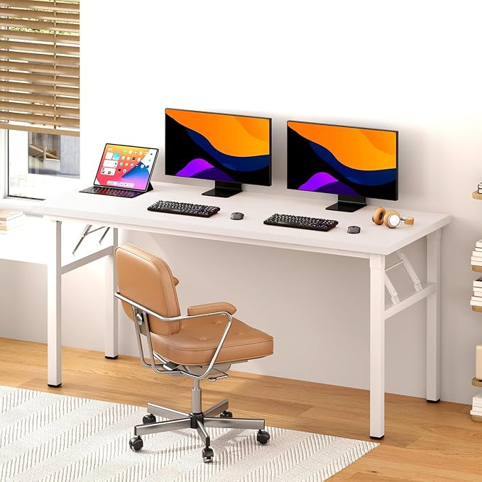Need Home Office Desk - 62 Inches Large Computer Desk Sturdy Black Table Foldable Desk Gaming Computer Table No Assembly Required AC5DW(157.5 * 60) | White Frame Writing Gaming Work Table/Foldable Home Office Desk/Sewing Table, No Assembly Required