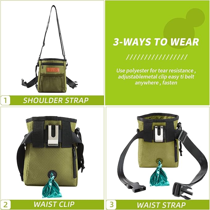 Dog Treat Training Pouch Easily Carries Pet Toys Kibble, Treats Built-in Poop Bag Dispenser 3 Ways to Wear Comes with a Foldable Silicone Bowl(Army Green)