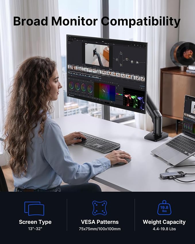 HUANUO FlowLift™ Single Monitor Mount, 13 to 32 Inch Monitor Arm, Adjustable Monitor Stand, Vesa Mount with Clamp and Grommet Base - Fits 4.4 to 19.8lbs LCD Computer Monitors