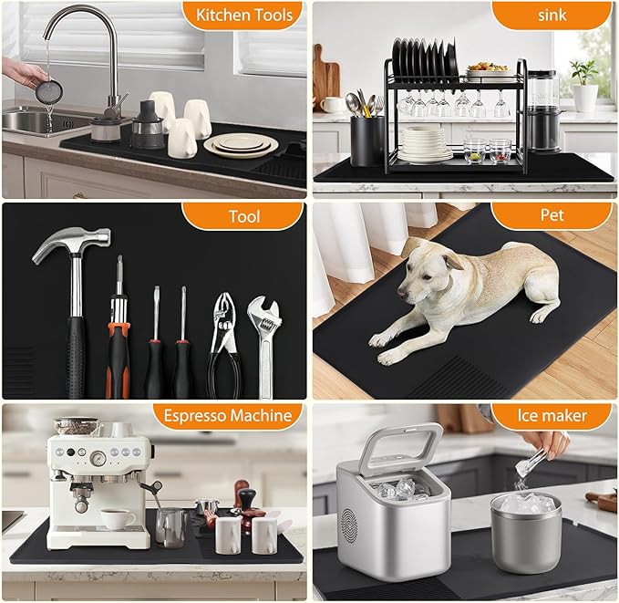 Coffee Mat, Coffee Maker Mat for Kitchen Counter with Tamping Mat, 40x60cm Silicone Coffee Bar Pad, Anti-Slip, Heat Resistant Pad for Espresso Machines, Dinner Plates, Ice Cream Machines