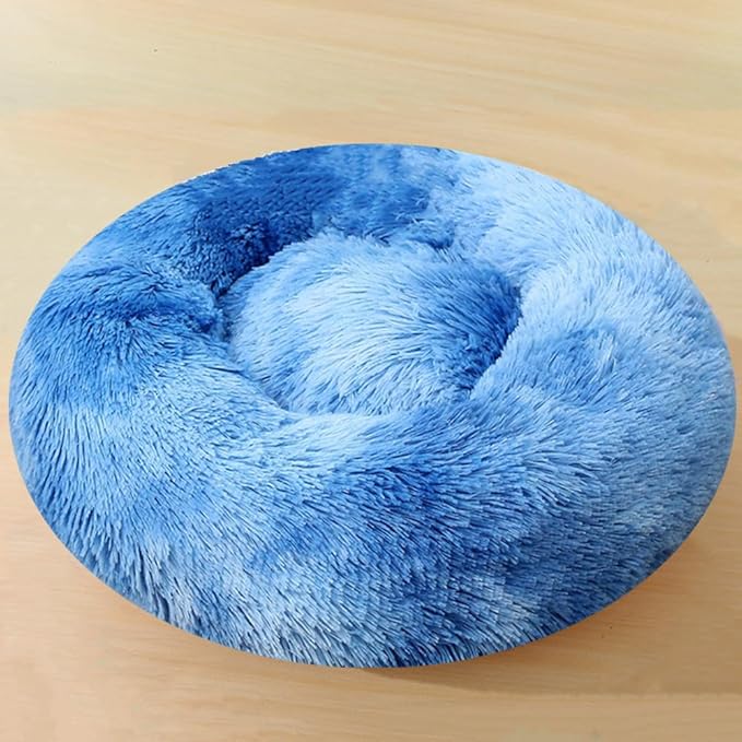 Calming Small Dog Bed Cat Bed, 20 Inch Donut Fluffy Anti-Anxiety Round Bed Washable Cute Bed, Cuddler Warming Cozy Soft Bed, Plush Cushion Bed for Small Medium Dogs and Cats (Blue White)
