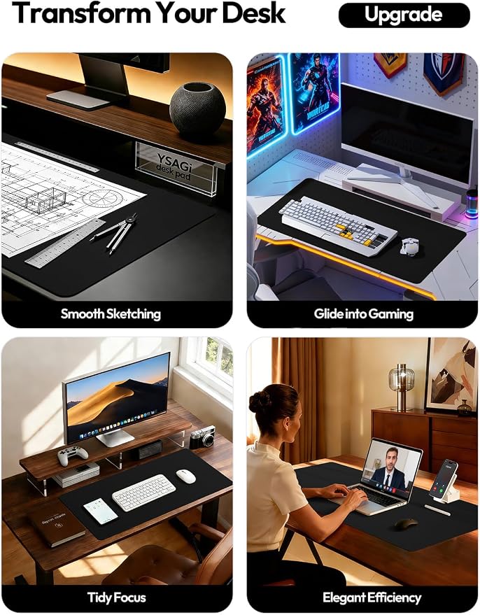 YSAGi Leather Desk Protector, Office Mat, Large Mouse Mat, Non-Slip PU Leather Blotter, Laptop Desk Pad, Waterproof Writing Pad for Office and Home (Black, 47.2" x 23.6")