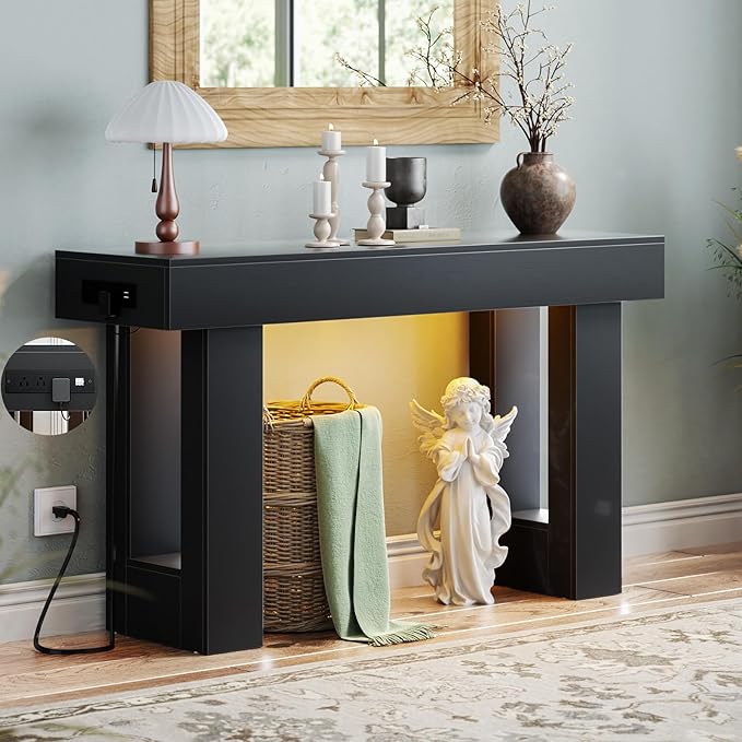 Unikito 47" Entryway Table with Socket and Sensor Light, Narrow Console Table with Storage Behind Couch, Farmhouse Entry Way Tables with Open Storage for Entrance/Hallway/Living Room, Black