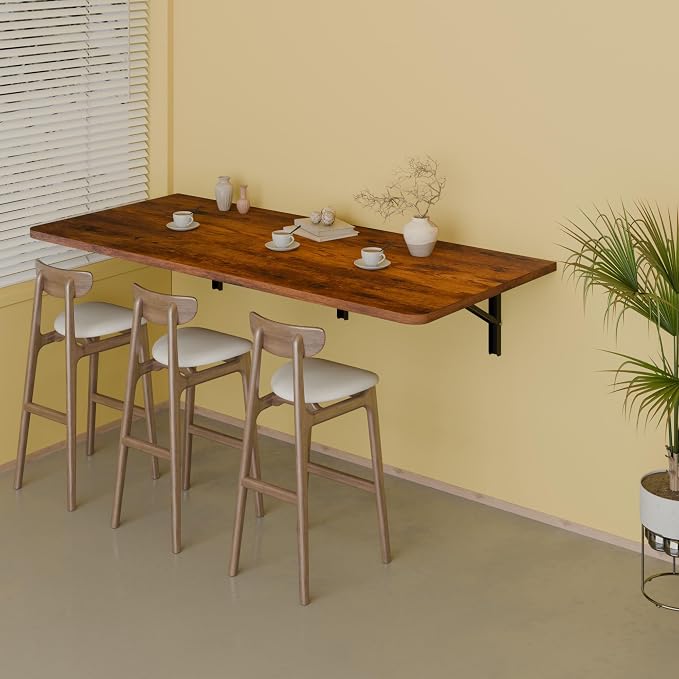 IAE 55x22in Floating Fold Desk,Wall-Mounted Folding Computer Table,Rustic | Study Table with Shelf Brackets,Foldable Down Shelf with Engineered Wood,Fold Computer Desk for Small Apartment,Holds 511 lb