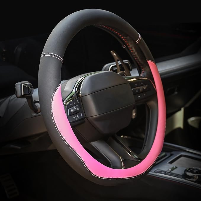 Valleycomfy Microfiber Leather Steering Wheel Cover Large-Size for F150 F250 F350 Ram 4Runner Tacoma Tundra Range Rover Model S X with 15 1/2 inches-16 inches Outer Diameter Pink