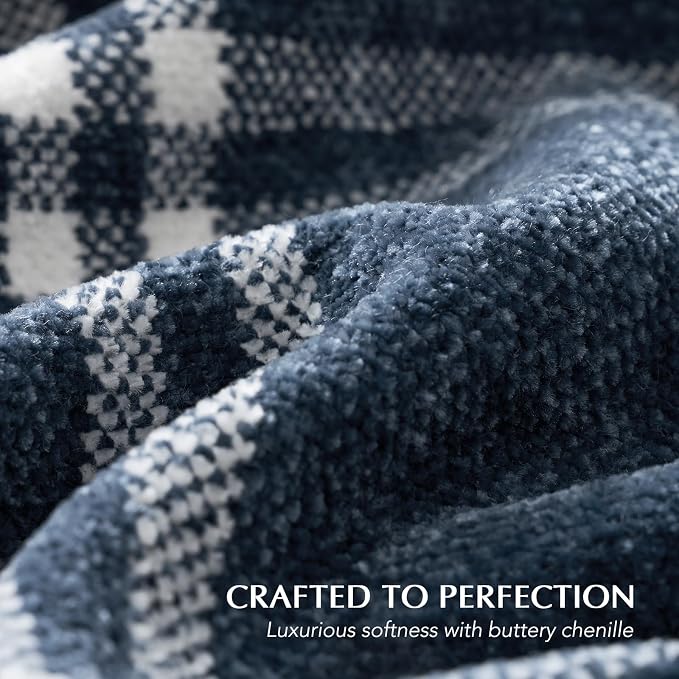 Plaid Chenille Knit Throw Blanket, 50"x60", Navy & White | Soft Knitted Throw with Tassels, Cozy, Lightweight, Windowpane Grid Plaid, Decorative Farmhouse Throw for Couch Bed Sofa Gift