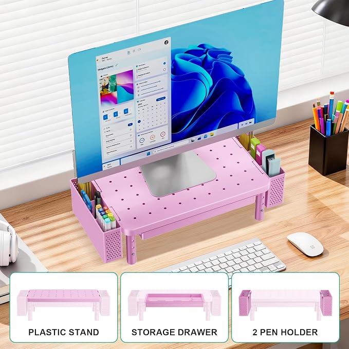 WALI Computer Monitor Stand with Storage, Desk Organizer with Drawer and Pen Holder, Desk Monitor Riser 3 Height Adjustable, Laptop Riser for Computer, Laptop, Printer (PTT003-P), 1 Pack, Pink