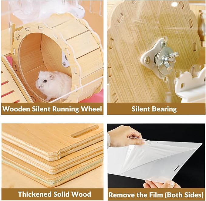 Cycodo 8 in 1 Acrylic Hamster Cage,2-Tier Dwarf Hamster Cage with Wooden Wheel & Hideout,Small Hamster Habitat with Accessories,Clear Pet Mice House(Pink,14" L*10" W*11" H)