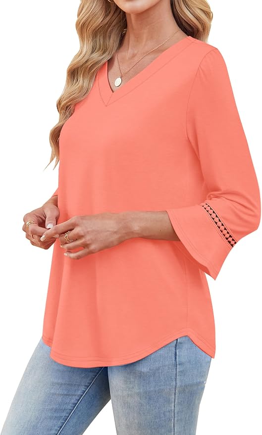 WIHOLL Womens Blouses Dressy Casual 3/4 Length Sleeve Tops Lace Trendy 2026 Spring Summer V Neck Shirts Vacation Outfits