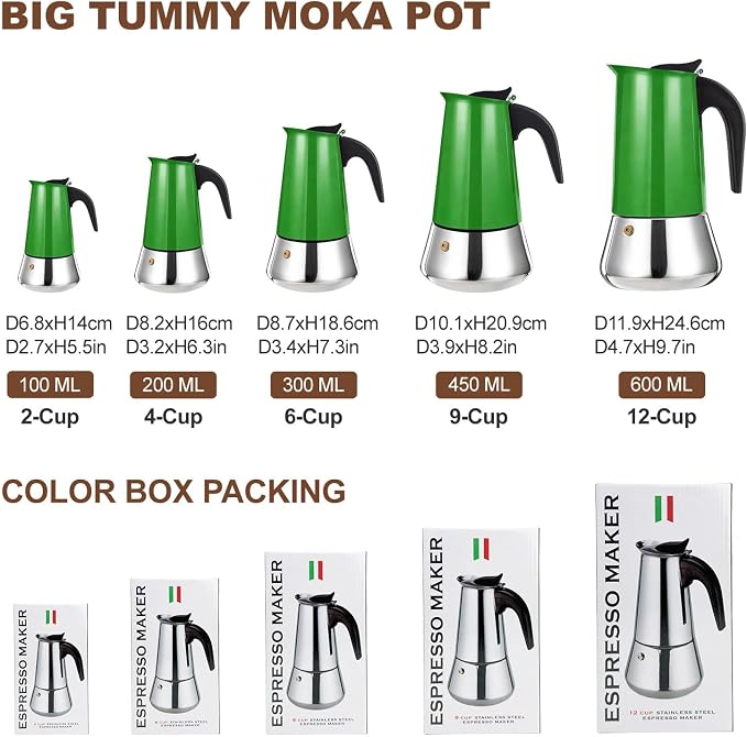 9 Cup Stovetop Espresso Maker Stainless Steel Moka Pot Stove Top Percolator Italian Coffee Makers Capable Mocha Greca Machine Cafe Classic Induction Cookers for Home and Camping 450ml 15oz