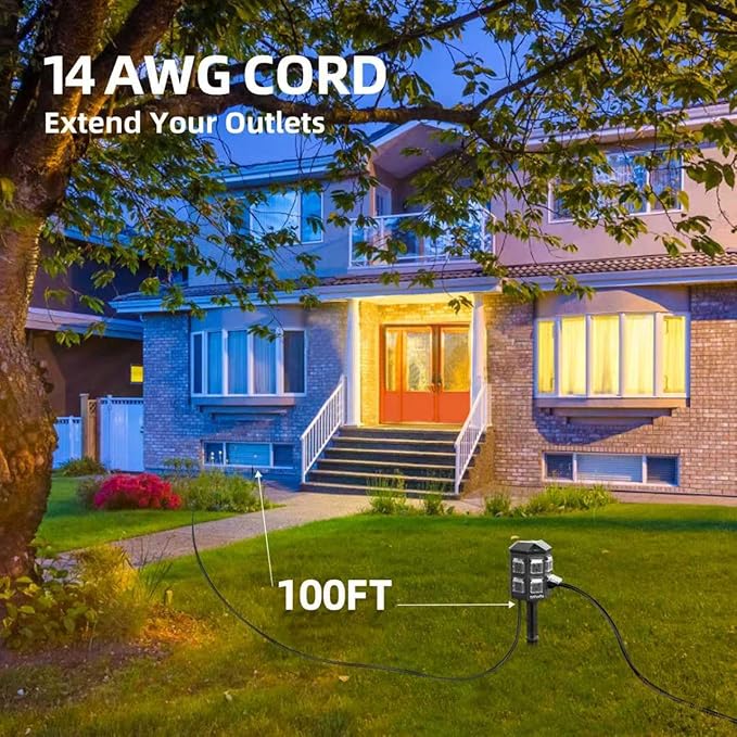 TiFFCOFiO Outdoor Power Strip Timer, Dusk to Dawn Light Sensor Countdown, 100 Feet Extension Cord Waterproof, 6 Grounded Outlets for Halloween and Christmas Decorations, ETL Listed (100 FT)