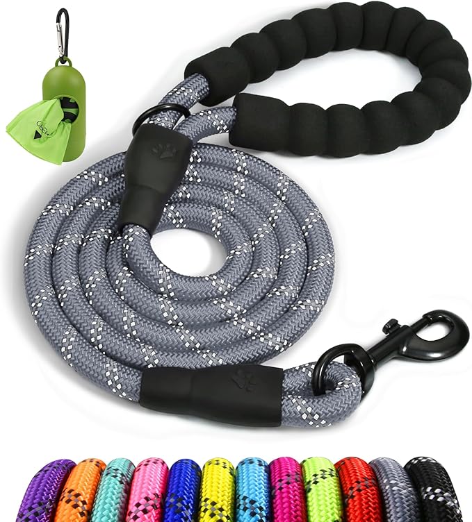 Taglory Rope Dog Leash 6 FT with Comfortable Padded Handle, Highly Reflective Threads Leash and Anti-Tangle Clip for Walking Small Dogs, 3/8 inch, Grey