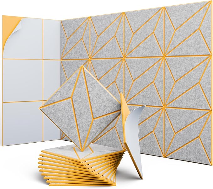 12 Pack 12" X 12" X 0.47" Acoustic Panels for Wall Sound Absorbing, Dual-Color P-Stripes Square Self-Adhesive Sound Panels, High Density Suitable for Multiple Scenarios(Orange+SilverGray)