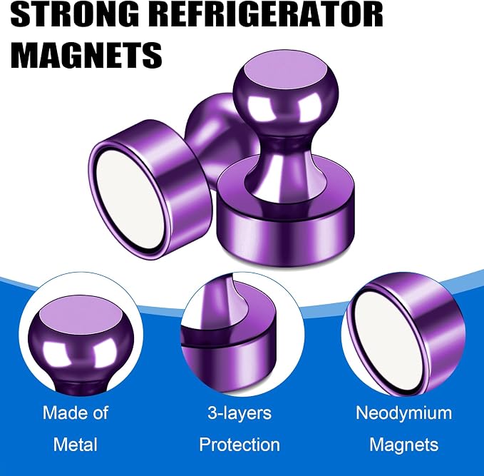 LOVIMAG Fridge Magnets 20Pcs, Magnet for Refrigerator Whiteboard, Purple | Small Strong Neodymium Metal Cute Push Pin for Classroom, Kitchen, Accessories Decorative, Office, Calendar