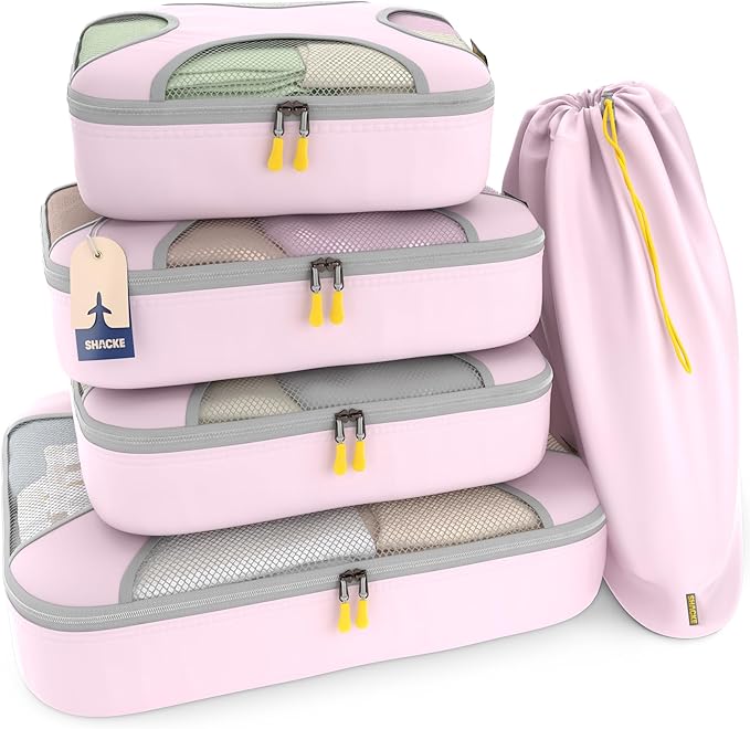 Shacke Premium 5 Packing Cubes Set - Lightweight Mesh Travel Luggage Organizers with Laundry Bag, 5-Piece Suitcase Storage System (Petal Pink)
