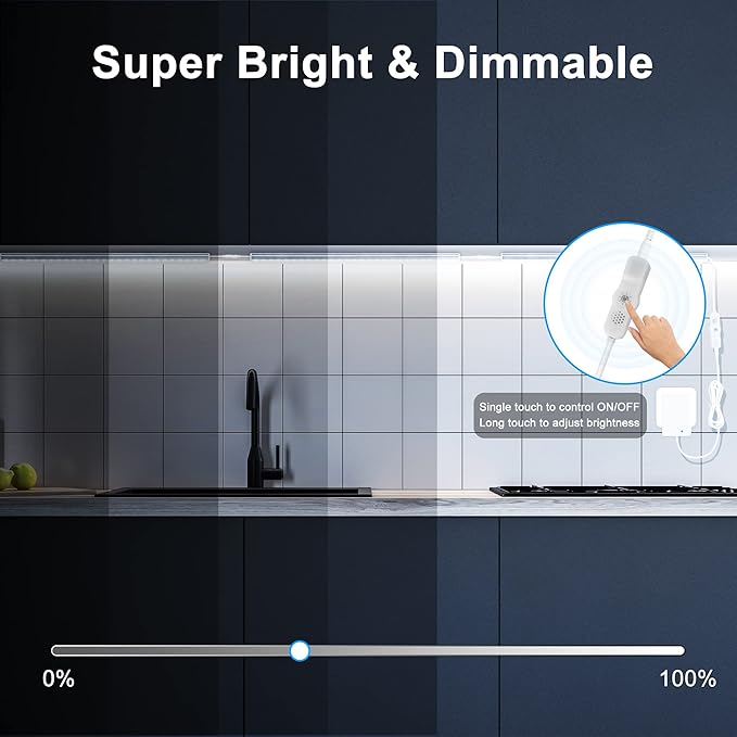 Maylit Under Cabinet Lights Plug in, 6 Pcs 12 Inch Ultra Thin Under Cabinet Lighting, Super Bright Daylight White Under Counter Lights for Kitchen, Dimmable Light for Cabinet, Counter, Workbench, Desk