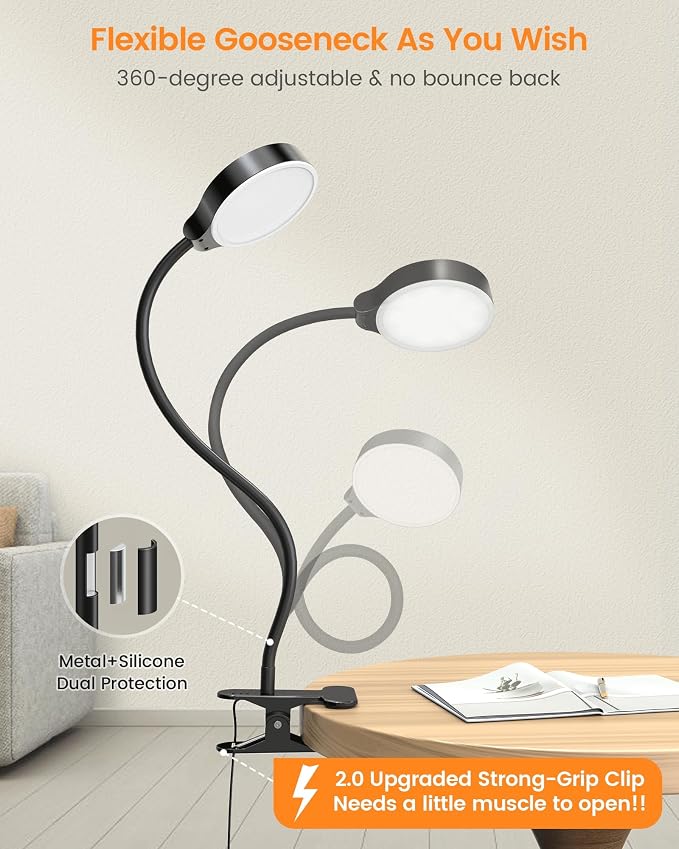 Glocusent 5W Desk Lamp with Remote, 3 Colors & 5 Brightness Reading Lights | Flexible Gooseneck Clip on Lamp, 30-Min Timer Reading Lamp, Perfect Clip on Light for Bunk,Bed,Headboard,Table,Work,Craft