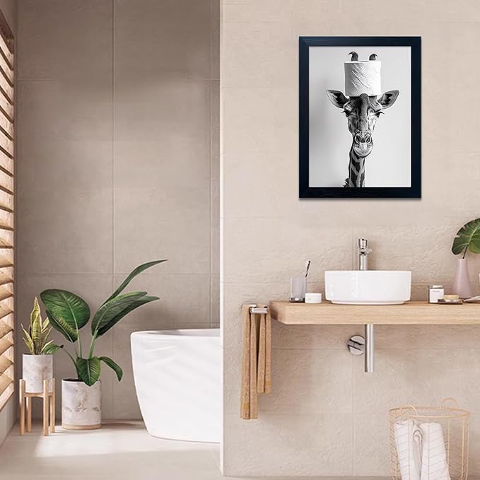 Framed Funny Bathroom Wall Art Giraffe with a Toilet Paper Roll on Head Print Black and White Bathroom Pictures Wall Decor Humor Animal Canvas Artwork