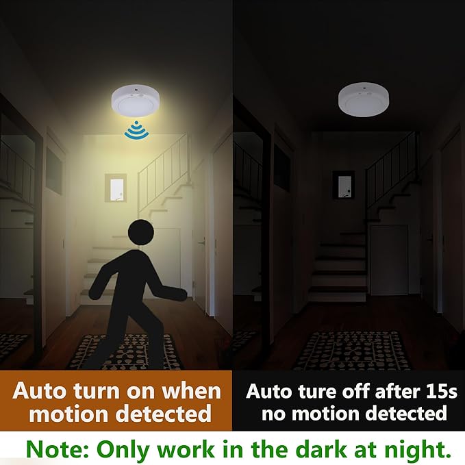 LIT-PaTH Battery Operated Motion Sensor LED Ceiling Light, 6.1inch 3000K 150 Lumens Flush Mount Light, Wireless Nightlight for Closet Laundry Stair- Darkness Use Only, 2-Pack (Battery Not Included)