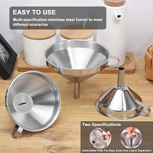 Stainless Steel Funnels for Kitchen use,4PCS Kitchen Metal Funnel with 2 Removable Strainer,Cleaning Brush.Funnel for Filling Bottles,for Transferring of Liquid,Oils,Jam (5.1",3",2.2",1.8")