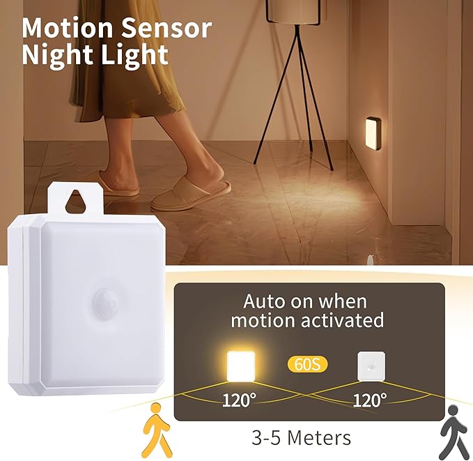 Motion Sensor Night Light Indoor - Cordless Battery Powered Under Cabinet Lighting, Stick-on Magnet LED Closet Lights, Safe Light for Stairs, Nightlight 3-Pack (Batteries not Include)