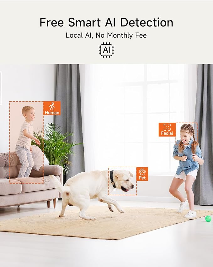 Smart 3K Indoor Dome Security Camera with AI Human/Pet/Facial Detection, 360�� Pan-Tilt Coverage, 2-Way Audio, 2.4GHz 5GHz Dual-Band Wi-Fi - Includes 64GB SD Card & No Subscription Needed