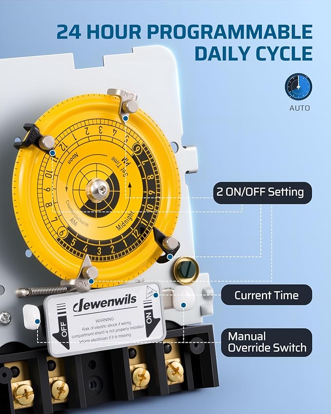 DEWENWILS 24-Hour Mechanical Timer Switch - 120VAC SPST, 2HP 40A, Metal Enclosure, Heavy Duty, Manual Override, Ideal for Pool Pump, Water Heater, Lights and Fans, Weatherproof, ETL Listed, Gray