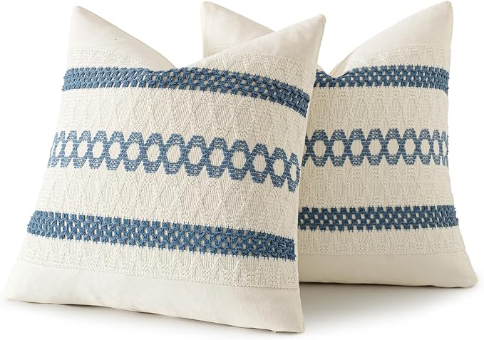 MIULEE Set of 2 Coastal Blue Boho Decorative Pillow Covers 16x16 Inch | Farmhouse Couch Throw Pillows, Modern Cotton Cushion Covers, Macrame Woven Spring Home Decor for Bed Sofa Chair